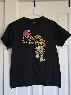 Hype Black Tee with Yellow & Pink Tiger Graphic